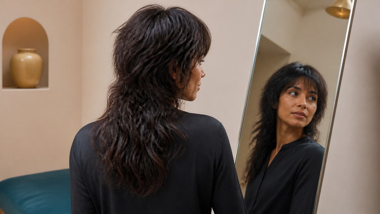 Back-three-quarter and mirror views of a woman with a dark espresso wavy wolf cut, full choppy crown, curtain fringe, long tapered lower layers, and shoulder-blade dry length