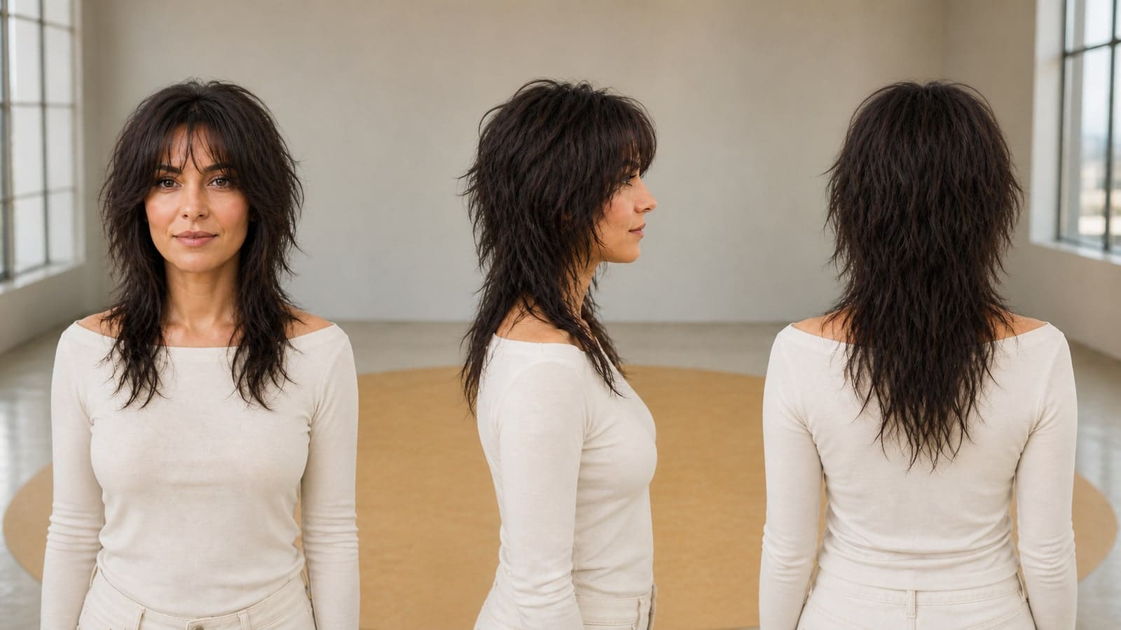 Front, exact profile, and back views of the same woman with a cool dark-brown wavy wolf cut, eyebrow curtain fringe, upper-ear crown layers, narrow shoulder-blade lengths, and a tapered wispy perimeter